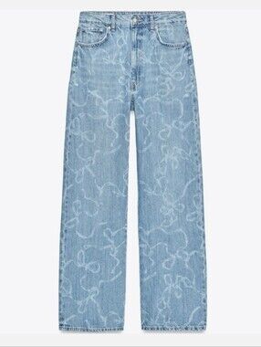 Zara Blue Bow Print Pattern Baggy Relaxed High Rise Jeans Size 4